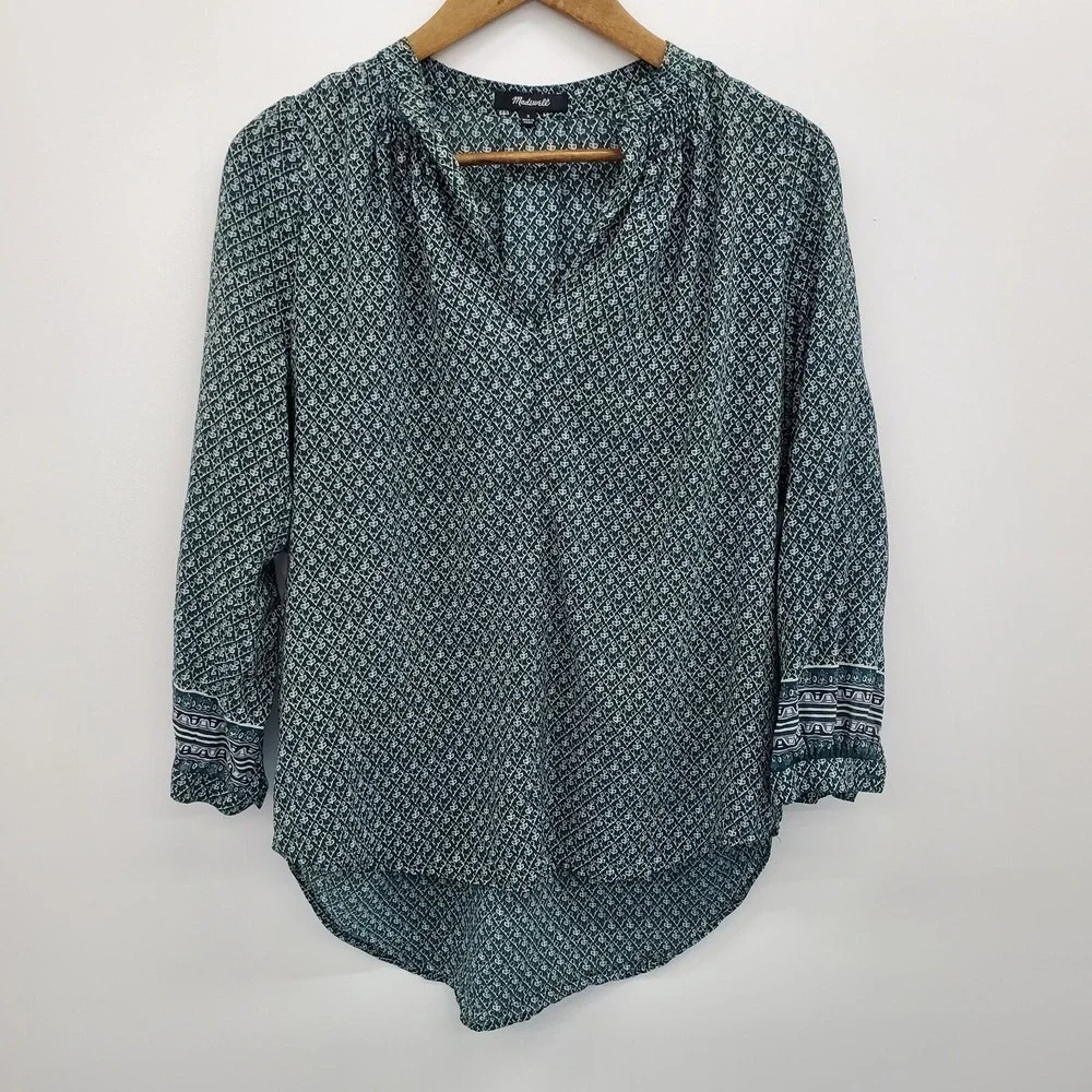 Madewell‎ Womens Floral Silk Memory Blouse Top Size S Green V-Neck 3/4 Sleeve